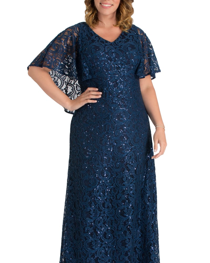 Front of a model wearing a size 5X Celestial Cape Sleeve Gown in NOCTURNAL NAVY by Kiyonna. | dia_product_style_image_id:352983